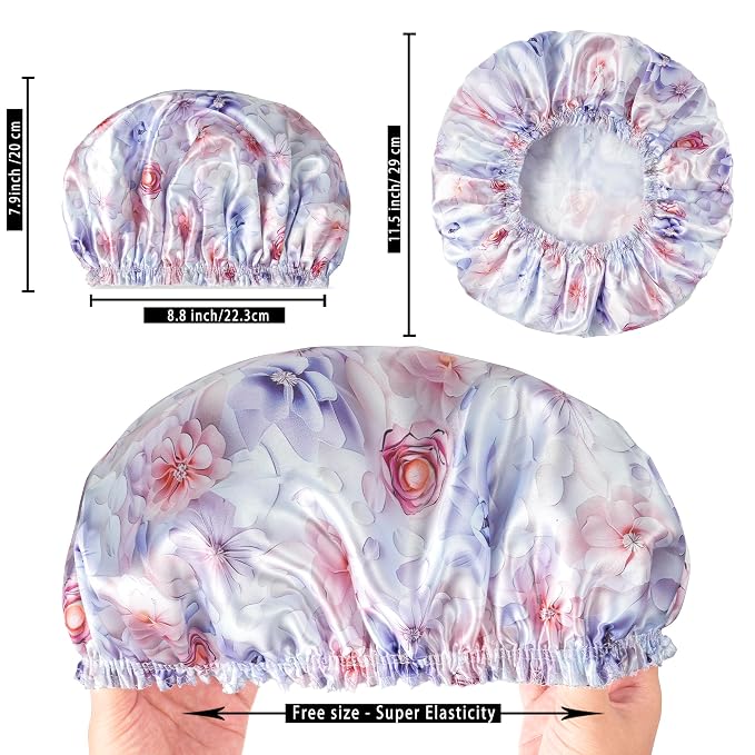 Shower Caps for Women, 4 PCS Reusable Waterproof Bath Cap | Double Layer, Washable, Wide Elastic Band, Holds Long Hair, Caps for Bath Accessories, Spa, Travel Home - Flower