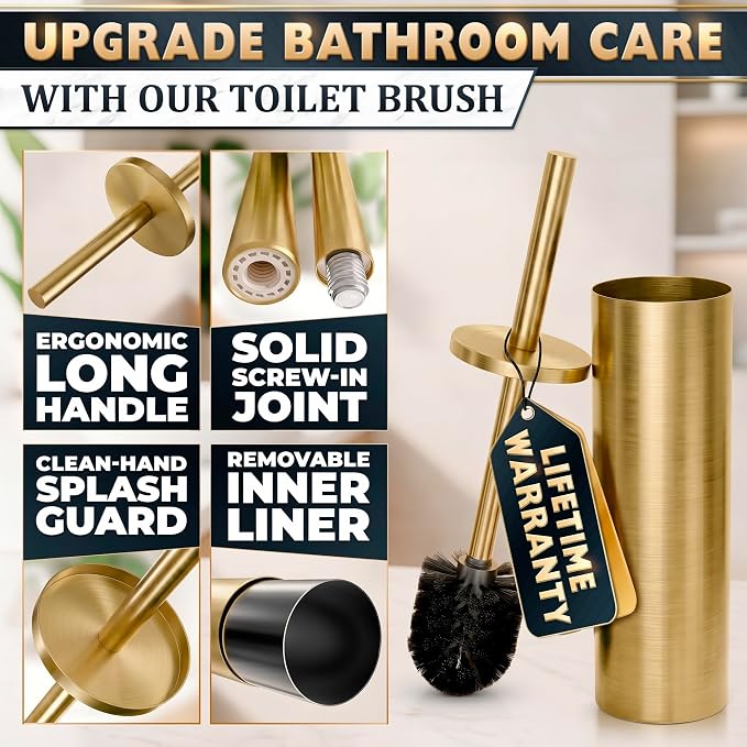 Gold Toilet Brush and Holder Set - Stainless Steel Gold Toilet Bowl Brush and Holder with Replaceable Head, Removable Inner Bowl, and Splash Guard - Dense Bristles for Thorough Cleaning