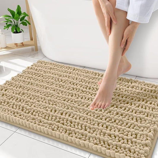 Smiry Bathroom Rugs 32X20, Extra Soft Rubber Backing Chenille Bath Mats | Beige Machine Washable Non Slip Quick Dry Bath Mats for Bathroom Floor, Tub, Shower, Home Decor Accessories