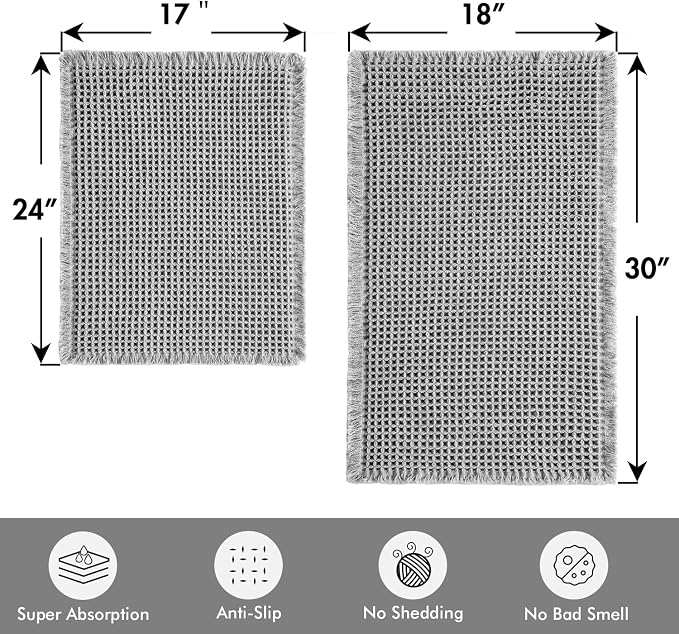 MIULEE Set of 2 Waffle Bathroom Rugs Light Grey Bath Mat 17"x24"+18"x30" | Non Slip, Super Absorbent, Washable, Ultra Soft, Rubber Backed, Small, Beige Boho Bath Rugs for Bathroom Floor Tub Shower