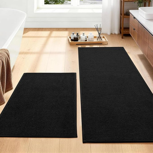 Black Bathroom Rugs Sets 2 Piece, Quick Dry Thin Bath Mat, Non Slip Absorbent Machine Washable, Bath Runner Rug for Bathtub Sink Home Decor (17"x24" + 17"x47")