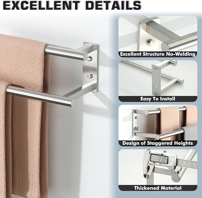 Alise 24'' Double Towel Bars for Bathroom,Wall Mount Towel Holder Towel Racks for Bathroom Labatory,SUS304 Stainless Steel Towel Hanger Towel Rails,Brushed Nickel