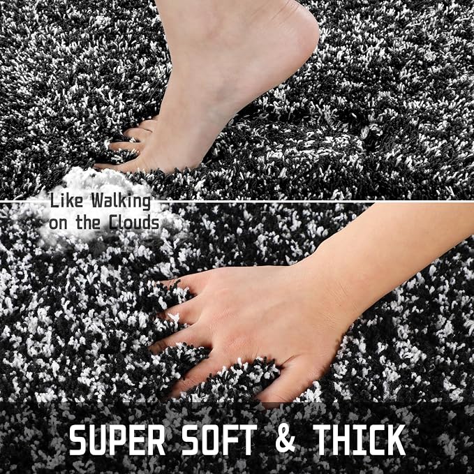 Yimobra Toilet Rugs U Shaped Washable 24X20, Ultra Soft and Water Absorbent Bath Mats, Non Slip Fluffy Shaggy Luxury Microfiber Contour Bath Rugs for Toilet, Dry Quick, Black and White