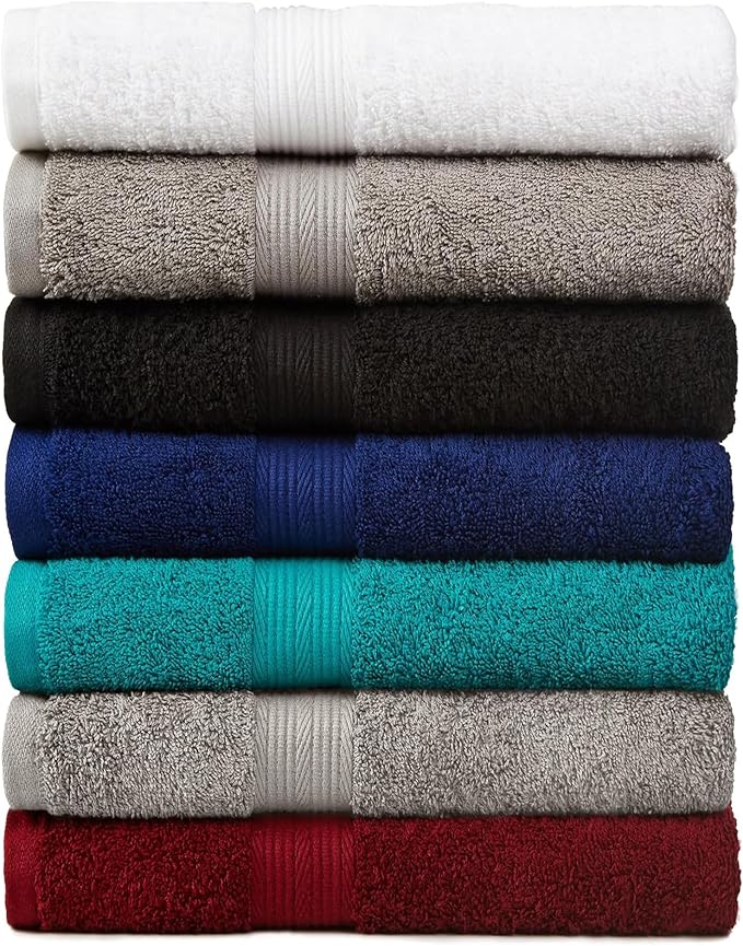 Amazon Basics 6-Piece Oversized Highly Absorbent Fade-Resistant Towel Set, 100% Cotton Towels for Bathroom, Soft, 2 Bath Towels, 2 Hand Towels, 2 Washcloths, White (Pack of 2)