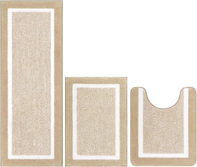Pauwer Bathroom Rug Sets 3 Piece, Non Slip Washable Bath Ma, Beige | Soft Plush Microfiber, Super Absorbent Floor Carpet, U Shaped Toilet Mats, Quick Dry, Shaggy Shower Rugs Runners
