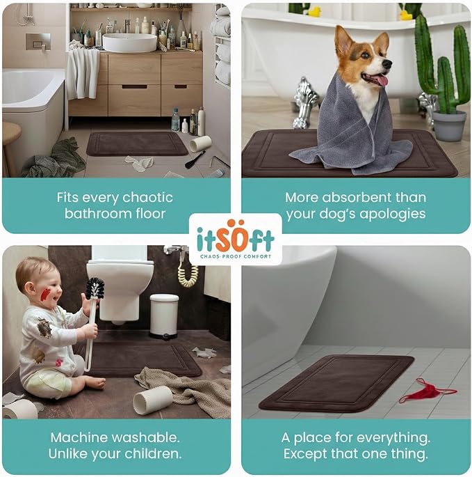 ITSOFT Memory Foam Bath Mat 59x23, Non Slip, Machine Washable, Quick Dry & Absorbent Rugs, Bath Mats for Bathroom Floor, Tub & Shower, Bathroom Rug, Chocolate Brown