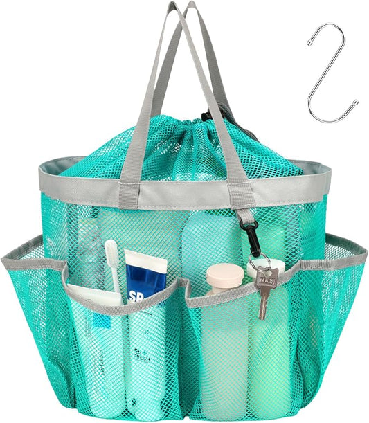 F-color Mesh Shower Caddy Portable with Drawstring - Large 8 Pockets Dorm Room Essentials for Guys Girls with S Hook, Shower Bag Basket Tote for College Camping Gym Travel Bathroom, Mint Green