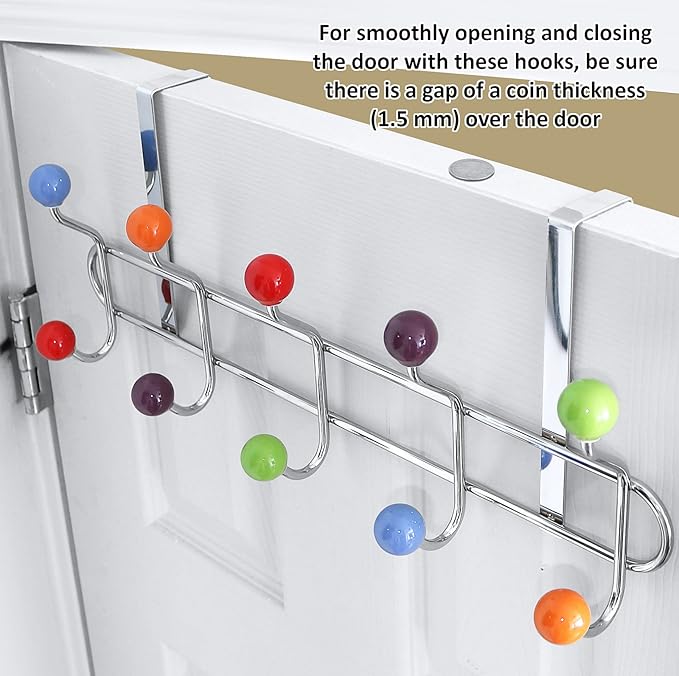 Over the Door Hooks Rack Multi Color Ceramic Hanger | Decorative, Kids Room, Stainless Steel Organizer for Hanging, Colorful Door Hanger Towel Rack (10 Hooks)