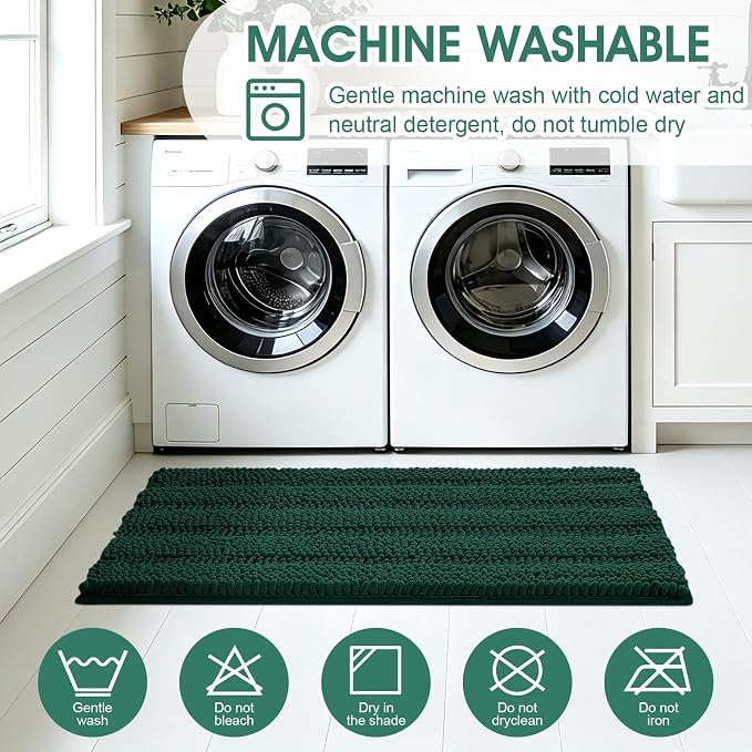 Christmas Striped Deep Green Bathroom Rug Mat Set 2 piece 32"x20"+24"x17" Ultra Soft, Non Slip Chenille Bath Rugs, Absorbent Plush Shaggy Bath Mats for Bathroom, Bedroom, Kitchen, Shower, Tub