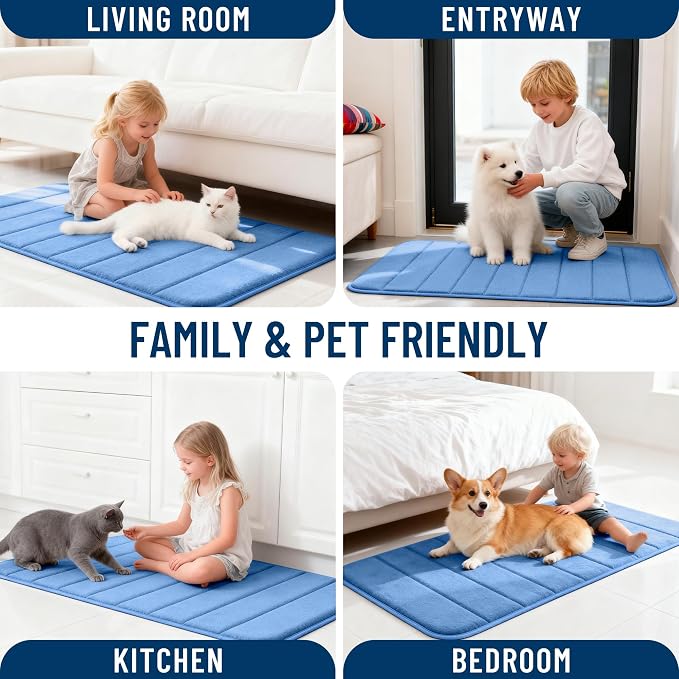 OLANLY Memory Foam Long Bathroom Rugs Runner 47x24, Super Soft Absorbent | Cornflower Blue, Quick Dry Bath Mat, Machine Washable Shower Floor Rugs, Bathmat Carpet for Bathroom Floor, Tub and Shower