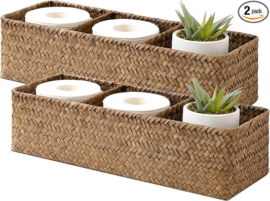 StorageWorks Toilet Paper Baskets for Shelves, 3-Section Large Wicker Baskets Storage, Seagrass Back of Toilet Basket for Organizing Tank Topper, Living Room, Table Decor, 2 Pack