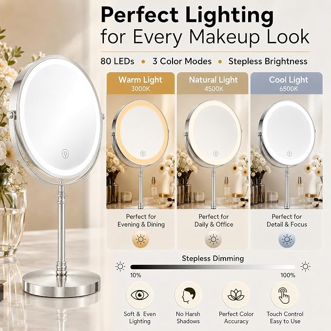 DEIOVWXS Makeup Mirror, Rechargeable Vanity Mirror with 3 Lights, 1X/10X | Adjustable Brightness, 3000mAh, Double-Sided, Gift for Mom, Women, Wife, Girls, Dorm Room Essential