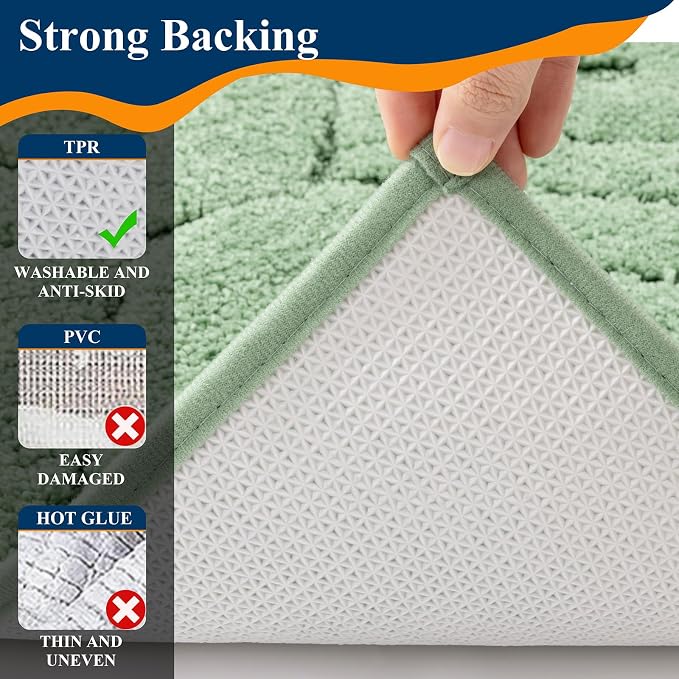 Ileading Bathroom Rugs Sets 5 Piece, Non Slip Washable Bath Mat Set | Absorbent Plush Microfiber Bathroom Mat Set with Toilet Cover, Bath Runner and U-Shaped Contour Rug for Tub, Shower, Green