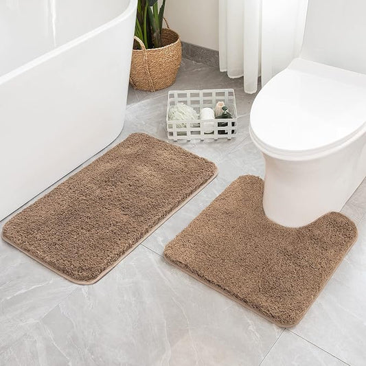 MIULEE Light Brown Bathroom Rugs Set 2 Piece Soft Bath Mats 20x20+20x32 in | Absorbent Microfiber Bath Mat and U-Shaped Toilet Rug, Non Slip, Quick Dry, for Bathroom Floor Tub Showers, Machine Washable