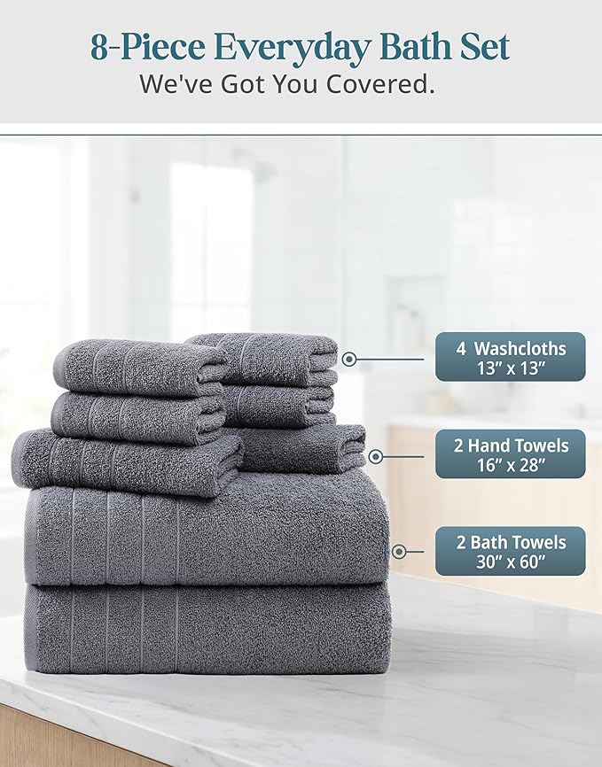 Casa Platino Towel Set Soft Absorbent Quick Dry 100% Cotton - Cool Grey | Cotton Bath Towels - Lightweight & Breathable, Fade-Resistant Color, Classic Terry Weave, Densely Woven, Coordinated Colors