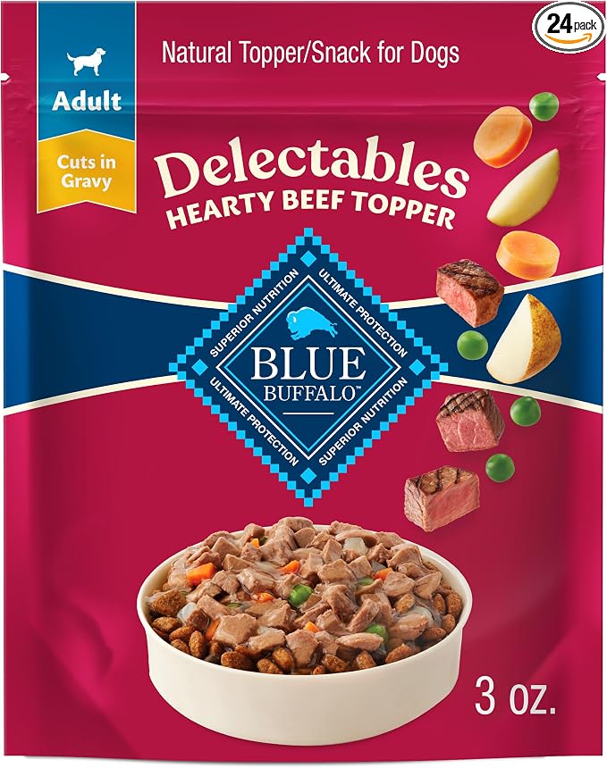 Blue Buffalo Delectables Beef Grain-Free Dog Food Topper, 3 oz, 24 ct | Grain-Free, Real Beef Cuts in Gravy, Single-Serve Pouches, No Chicken By-Product, Corn, Wheat, or Soy