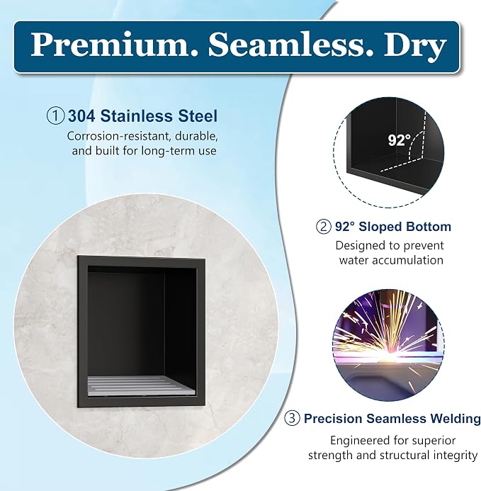 Neodrain Shower Foot Rest for Shaving Legs, 304 Stainless Steel Niche for Shower Wall, Recessed Shower Step for Shaving Legs, Wall soap Holder, Bathroom Foot Rest (Matte Black, 6.7" x 6")