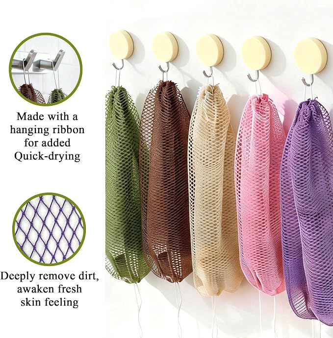 Authentic African Net Sponge, 2 Pack 45-Inch Exfoliating Bath Sponge and Shower Loofah for Body and Back, Colorfast Quick-Dry Knotted Mesh Scrubber with Travel Pouch(Red & Green)