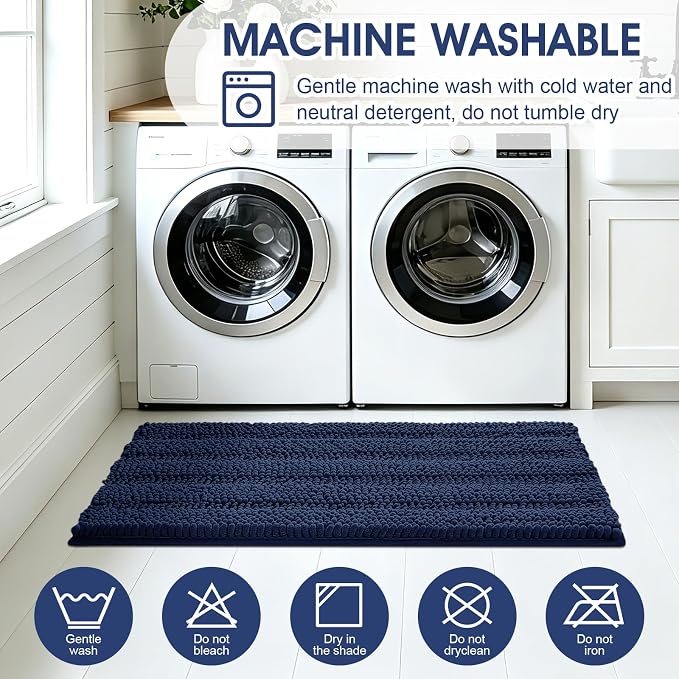 ACCUMTEK Striped Navy Blue Bathroom Rug Mat Set 2 piece 24"x17"+48"x20" Ultra Soft, Non Slip Chenille Bath Rugs, Absorbent Plush Shaggy Bath Mats for Bathroom, Bedroom, Kitchen, Shower, Tub