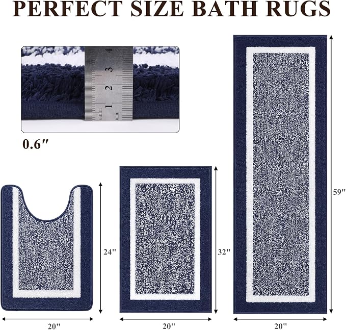 Pauwer Bathroom Rug Sets 3 Piece, Non Slip Washable Bath Mat, Navy | Soft Plush Microfiber, Super Absorbent Floor Carpet, U Shaped Toilet Mats, Quick Dry, Shaggy Shower Rugs Runners
