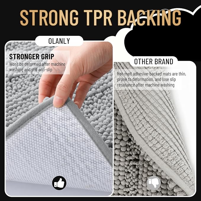 OLANLY Thick Chenille Bathroom Rugs Sets 3 Piece, 47"x20"+24"x16"+24"x20" | Light Grey, Absorbent Bath Mats and U-Shaped Contour Toilet Rug, Home Decor Accessories, Bath Mat Set for Bathroom
