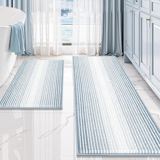 Bathroom Rugs Sets 2 Piece, Non Slip Striped Bath Mats, Ice Blue | 20"x60" Plus 20"x32", Soft Absorbent Chenille, Quick Dry Machine Washable, Shower Rug for Bathroom Floor, Tub, Bedroom Decor
