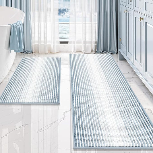 Bathroom Rugs Sets 2 Piece, Non Slip Striped Bath Mats, Ice Blue | 20"x60" Plus 20"x32", Soft Absorbent Chenille, Quick Dry Machine Washable, Shower Rug for Bathroom Floor, Tub, Bedroom Decor