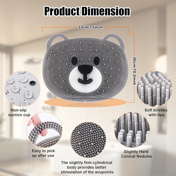 Kalolary Silicone Shower Foot Scrubber Mat，Back Exfoliating Cleaner Foot Scrubber in Shower with Non-Slip Suction Cups Cleaner Brush to Exfoliate and Massage Feet Without Bending Over (Cute Bear)