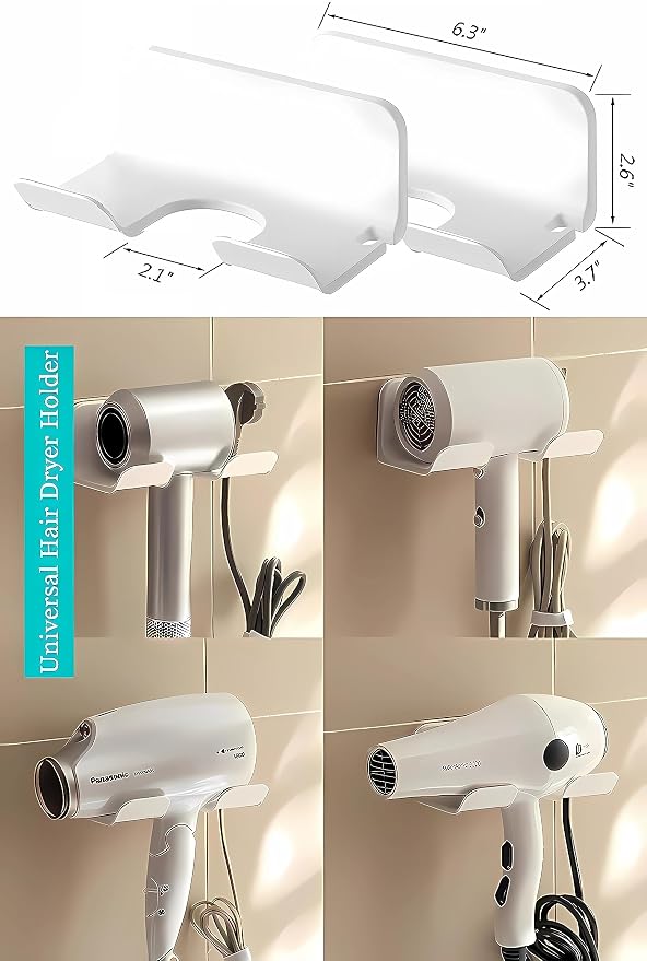 2-Pack Universal Hair Dryer Holder, Self Adhesive Wall Mount, White | Universal storage rack fits most brand blow dryers, ideal for bathroom organization