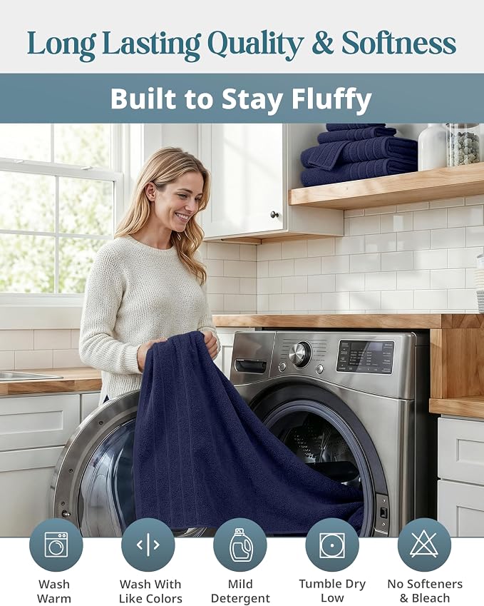 Casa Platino Bathroom Towel Set 12 Piece Soft Absorbent Quick Dry - Navy | Bath Towel Sets For Bathroom - Coordinated Colors, Dobby Border Accent, OEKO-TEX Certified, Ring-Spun Durability