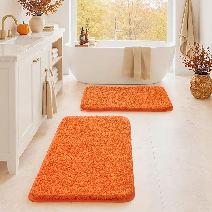MIULEE Fall Orange Bathroom Rugs Set 2 Piece Soft Bath Mats 16x24+20x30 in | Soft Absorbent Microfiber Bath Rugs, Non Slip, Quick Dry, Fluffy Bath Rugs for Bathroom Floor Tub Showers, Machine Washable