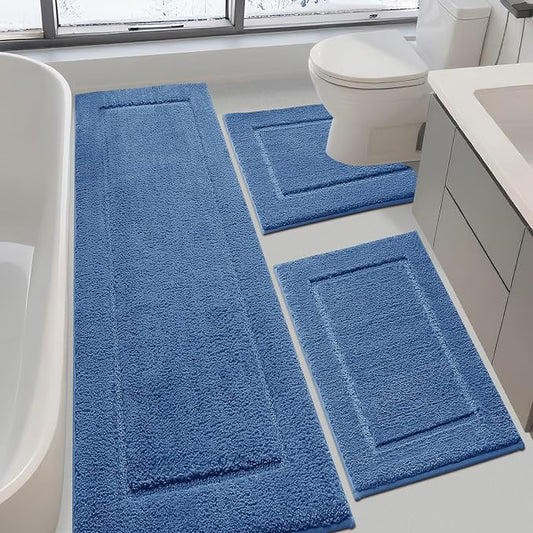 IM HOME Bathroom Rugs Sets 3 Piece, Ultra Soft Thick Plush Fluffy Microfiber Absorbent Bath Mat, Non-Slip Backing, Machine Washable Bath Mats for Bathroom Floor, Tub, Toilet and Shower, Blue
