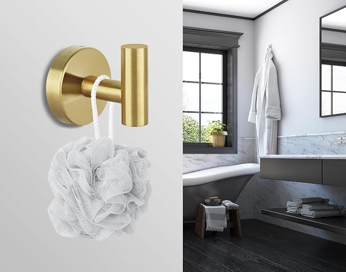 Towel Hooks for Bathroom 2 Packs Screw- in Gold Wall Mount Towel Holder Towel Rack, Heavy Duty Robe Coat Loofah Hooks for Shower, Kitchen,Hotel, Pool Tile, Brick Modern Style Decor Wall Hooks