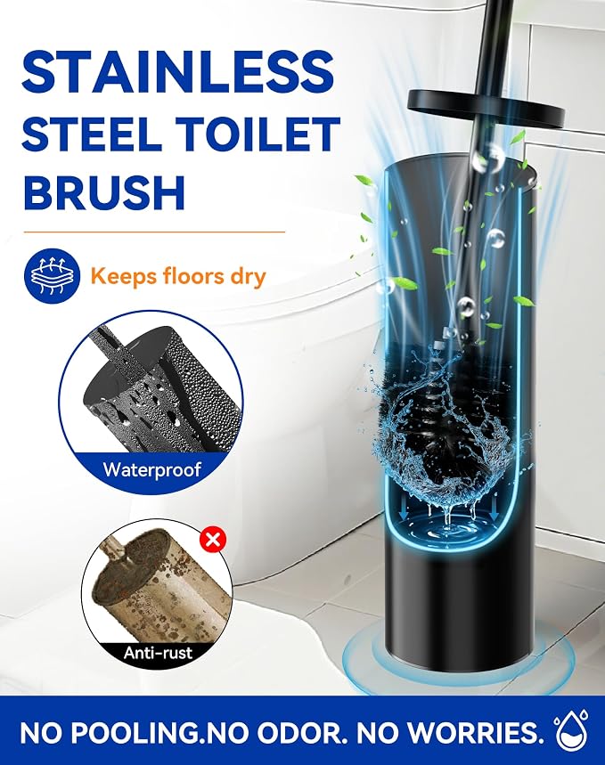 Dowry Toilet Bowl Brush and Holder for Bathroom, Deep Cleaning Toilet Brush and Holder Set with Long Handle, Hidden Toilet Bowl Scrubber with Replaceable Head,Modern Decor Black Round