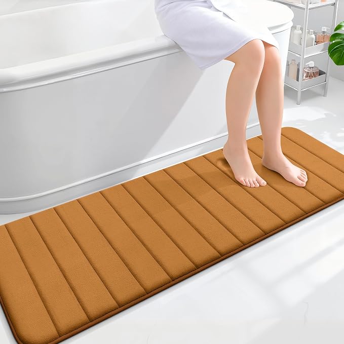 OLANLY Memory Foam Long Bathroom Rugs Runner 59x20, Super Soft Absorbent | Ochre, Quick Dry Bath Mat, Machine Washable Shower Floor Rugs, Bathmat Carpet for Bathroom Floor, Tub and Shower