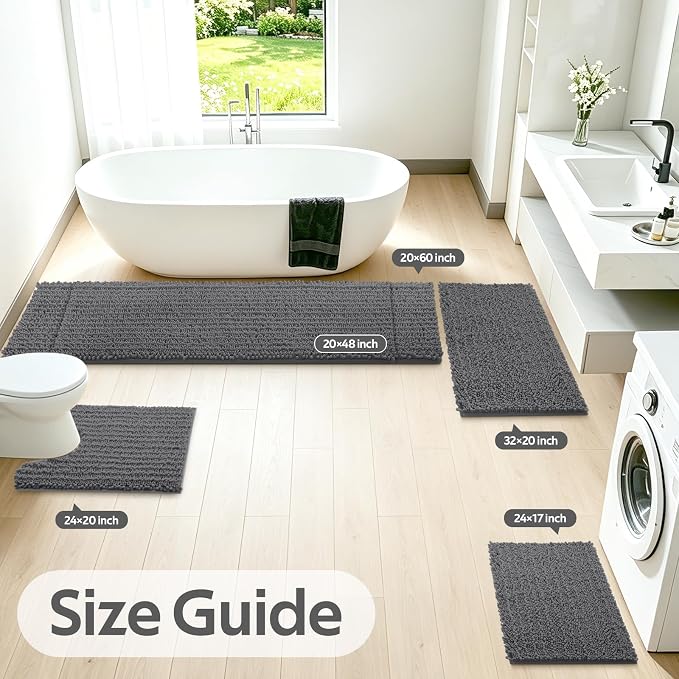 ACCUMTEK Upgrade Luxury 2 Piece Dark Gray Toilet Bathroom Rug Mat 48"x20"+24"x17", Ultra Soft Thick Absorbent Bath Mats, Non Slip Chenille Toilet Mat for Bathroom, Bedroom, Kitchen, Shower, Tub