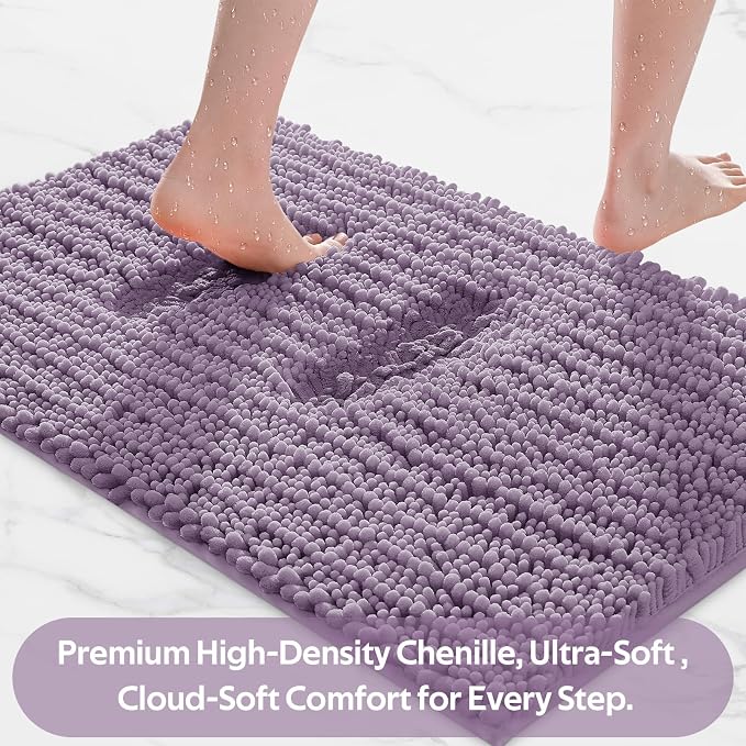 Upgrade Luxury 2 Piece Lavender Toilet Bathroom Rug Mat U Shape 24"x20"+48"x20", Ultra Soft Thick Absorbent Bath Mats, Non Slip Chenille Toilet Mat for Bathroom, Bedroom, Kitchen, Shower, Tub