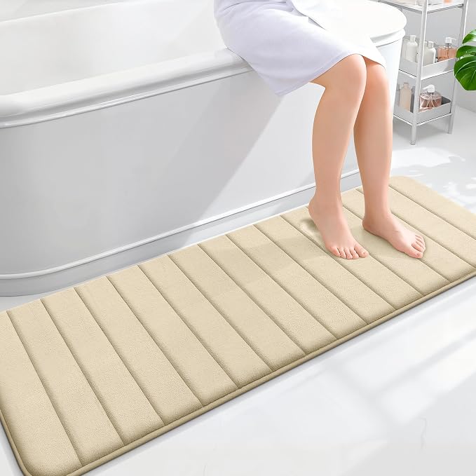 OLANLY Memory Foam Long Bathroom Rugs Runner 59x20, Super Soft Absorbent | Beige, Quick Dry Bath Mat, Machine Washable Shower Floor Rugs, Bathmat Carpet for Bathroom Floor, Tub and Shower