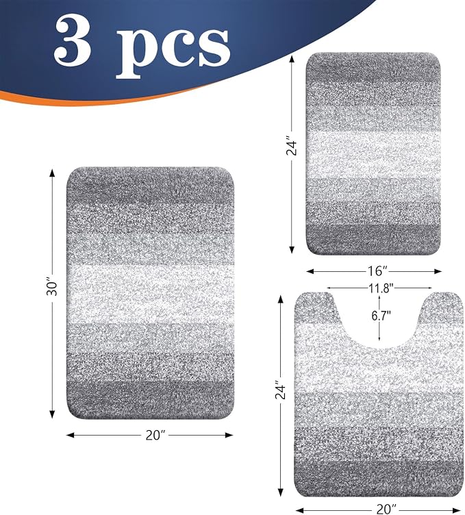 OLANLY Microfiber Bathroom Rugs Sets 3 Piece, 30"x20"+24"x16"+24"x20" | Light Grey, Soft Absorbent Bath Mat and U-Shaped Contour Toilet Rug, Machine Wash Dry, Plush Shaggy Bath Mat Set for Bathroom