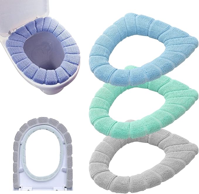 Bathroom Soft Thicker Warmer Stretchable Washable Cloth Toilet Seat Cover Pads 3PCS