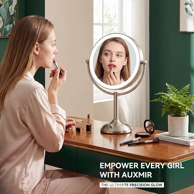 Auxmir 9" 5000mAh Maginfying Mirror, 9" 1X/30X Lighted Makeup Mirror | rechargeable battery, 3 dimmable colors, 360° rotation, stable base, brushed nickel, 30X magnification with 2 tweezers
