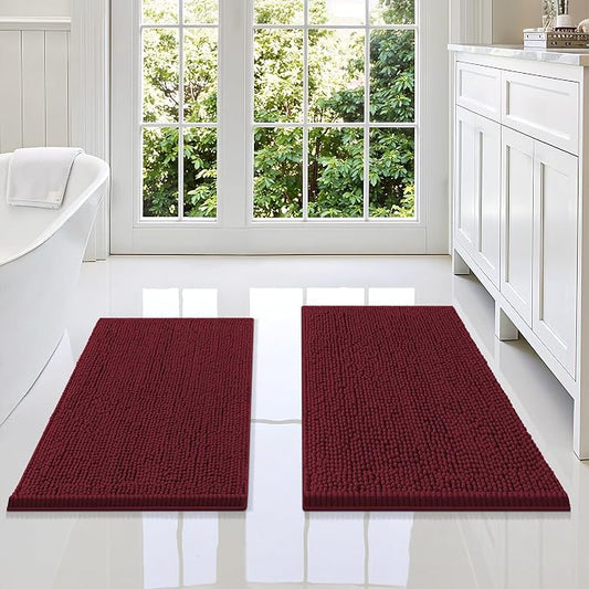Smiry Chenille Bathroom Rugs Sets 2 Piece (34x21+30x20, Burgundy) | Soft Absorbent Machine Washable Non Slip Shaggy Bath Rug Set for Tub, Shower, and Floor, Home Decor