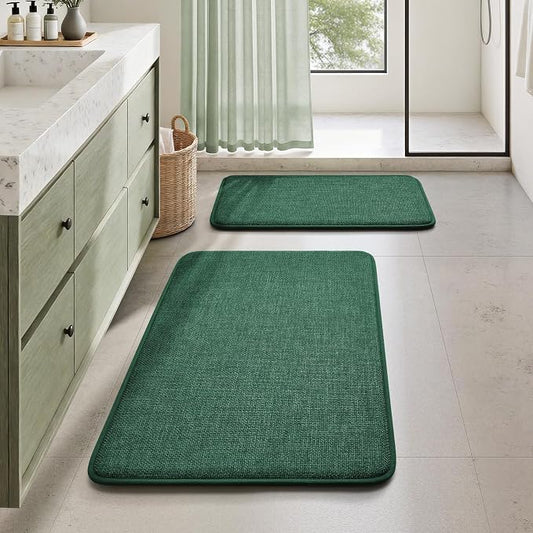 HOMEIDEAS Memory Foam Bathroom Rugs Set, Dark Green 24"x17"+32"x20" | Ultra Absorbent Quick Dry Bath Mats with Non Slip PVC Backing, Machine Washable, Ideal for Bath Floor, Shower and Tub