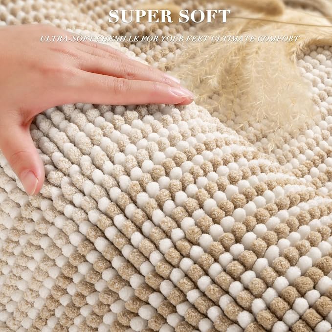 Bathroom Rugs Sets 2 Piece, Non Slip Boho Bath Mats, Beige | 24"x70" Plus 20"x32", Soft Absorbent Striped Chenille, Quick Dry Machine Washable, Shower Rug for Bathroom Bedroom Décor