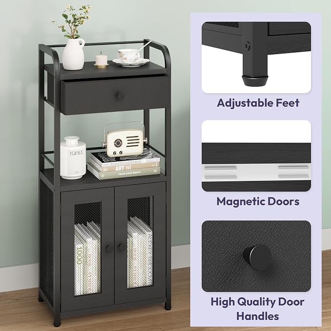 SWTYMIKI 14.57"x32.28" Bathroom Storage Cabinet – Freestanding Toilet Paper Storage with Doors & Drawer, Bathroom Organizers and Storage for Small Spaces, Laundry Room, Ideal for Towels, Black