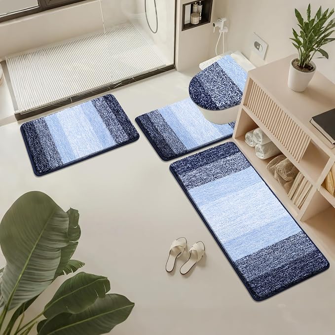 Bsmathom Bathroom Rug Set 4 Piece, Plush Microfiber Bath Mat, Navy Blue | Extra Water Absorbent, Non Slip Washable Runner Bath Rugs with Toilet Lid Cover and U-shaped Contour Toilet Mat