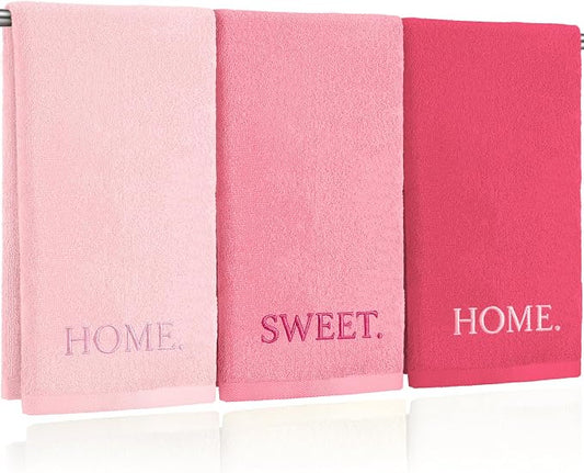 3 Pcs Hand Towels Bathroom Set,Pink,Home Sweet Home | Embroidered Cotton Farmhouse Towels, Kitchen Decor, Rustic Boho Decorative with Text Labels, Guest Bath Home