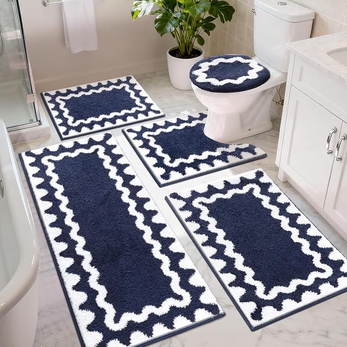 Findosom Bathroom Rugs Sets 5 Piece, Absorbent Soft Non-Slip Bath Rug Set | Washable Microfiber Shaggy Bath Mat Set with Bathroom Runner Rug, U-Shaped Toilet Rugs, Shower Rug & Toilet Lid Cover, Navy