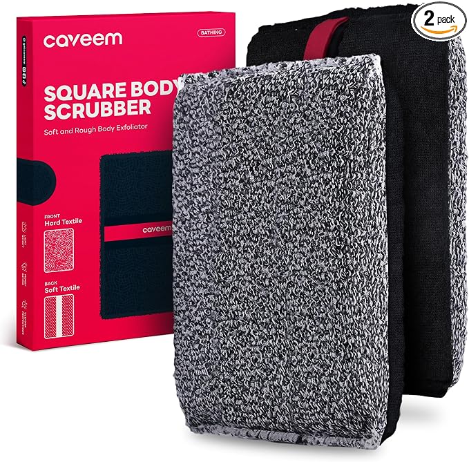 Exfoliating Body Scrubber, Large Bath and Body Scrub Buffer, Dual Texture Body Exfoliator for Remove Dead Skin, Soft and Rough Lightweight Square Sponge for Shower (2 Pack)