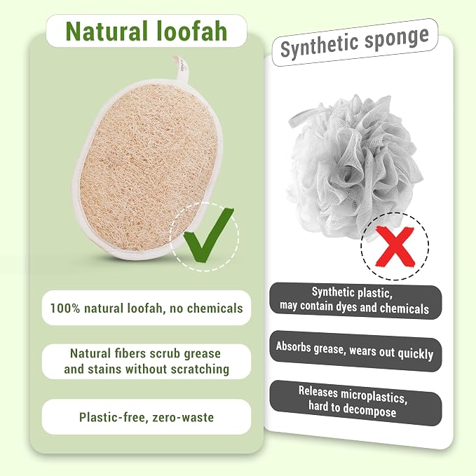 Natural Loofah Exfoliating Body Scrubber Pads for Bath and Shower | Made from 100% plant-based Vietnamese loofah to exfoliate and cleanse skin during baths and showers.